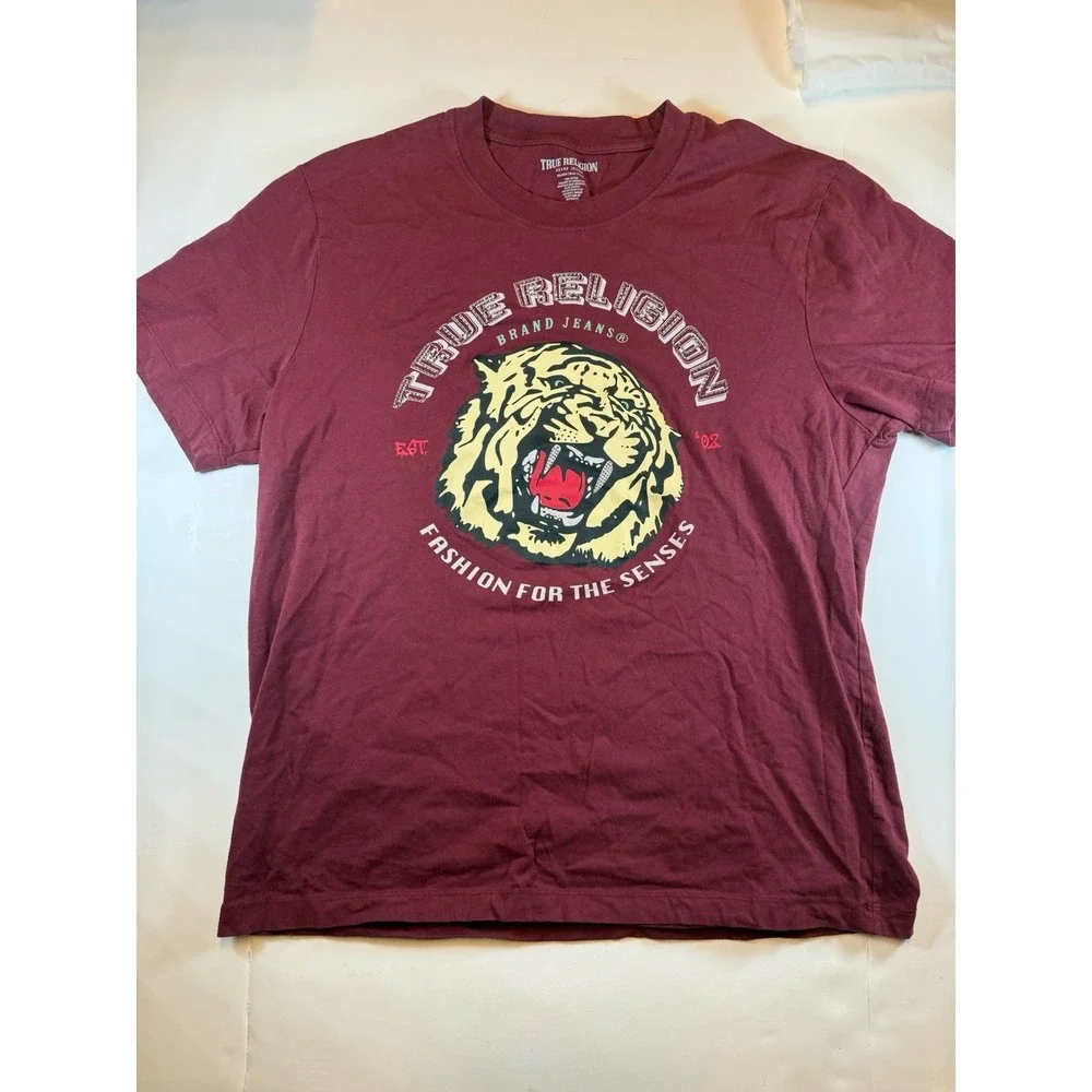 True Religion Shirt Mens 2XL‎ Burgundy Tiger Graphic Fashion For The Senses